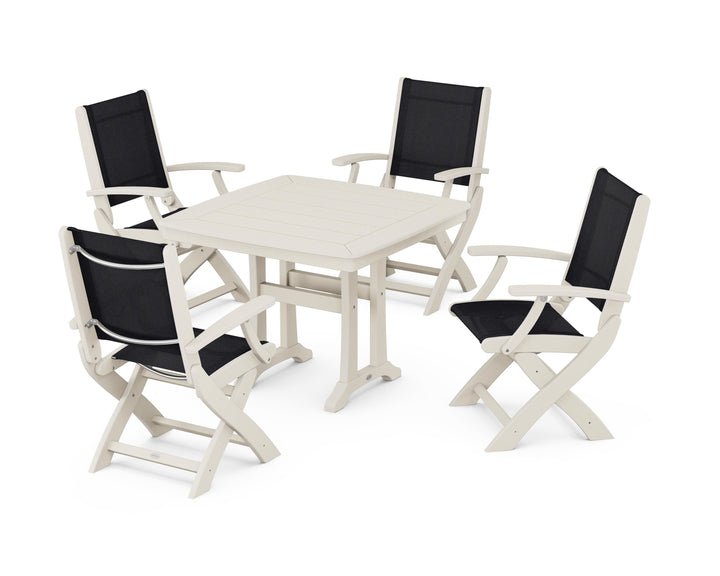 POLYWOOD® Coastal Folding Chair 5-Piece Dining Set with Trestle Legs
