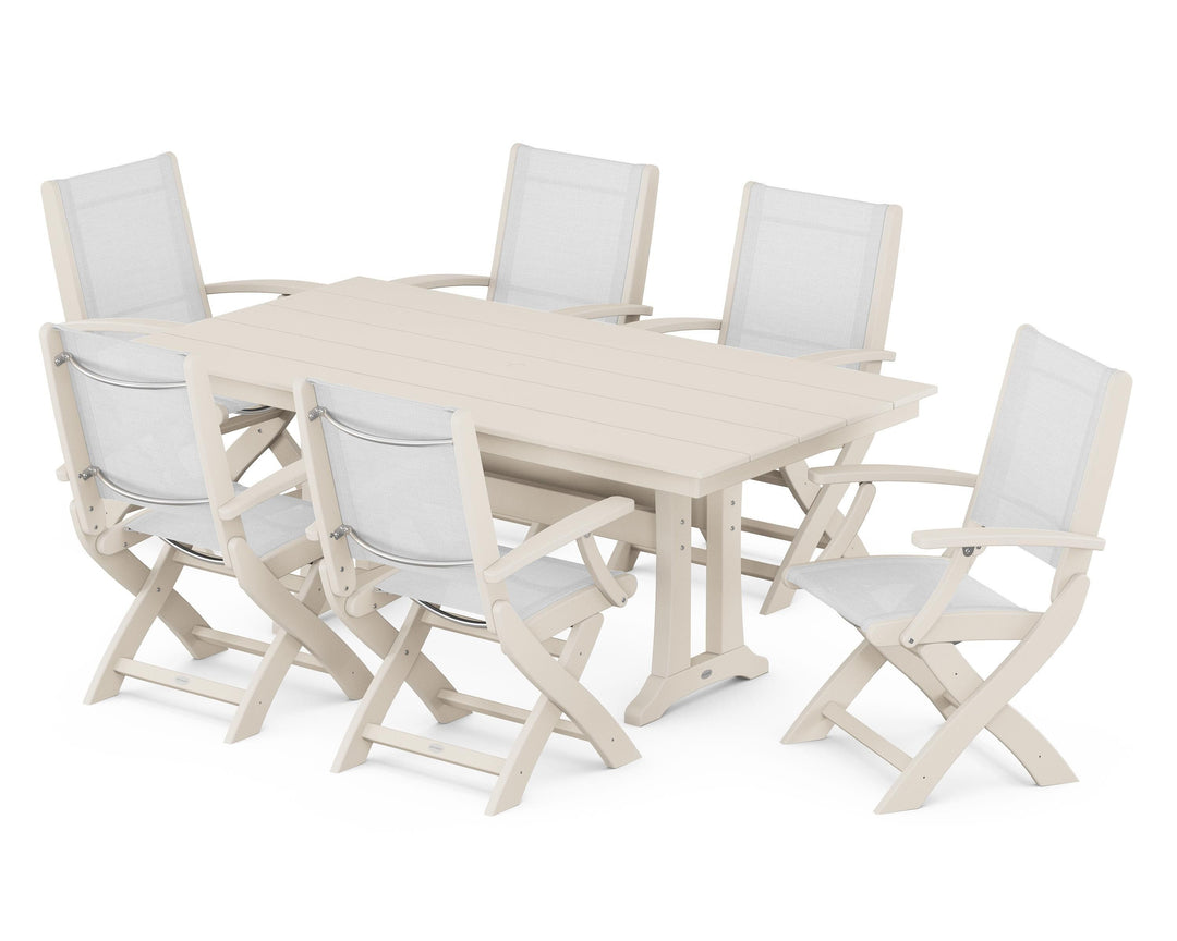 POLYWOOD® Coastal Folding Arm Chair 7-Piece Farmhouse Dining Set with Trestle Legs