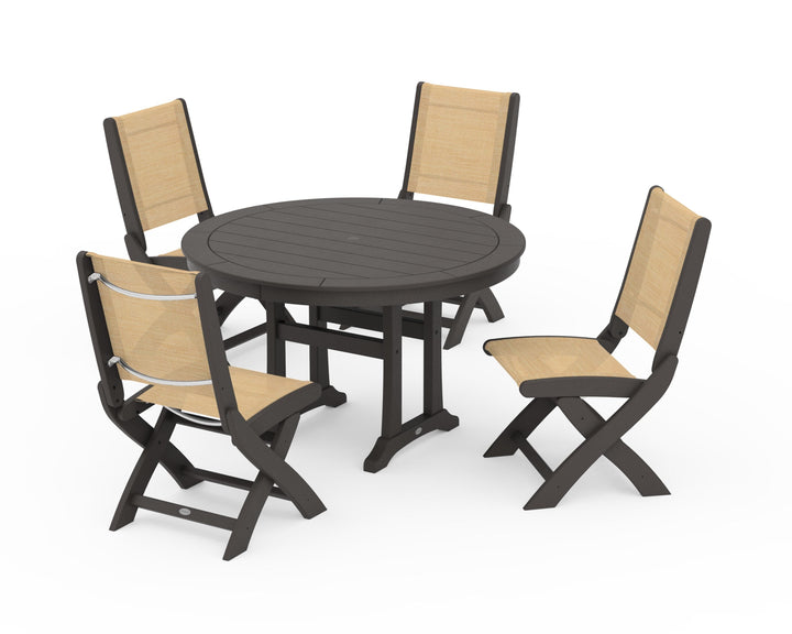 POLYWOOD® Coastal Folding Side Chair 5-Piece Round Dining Set With Trestle Legs