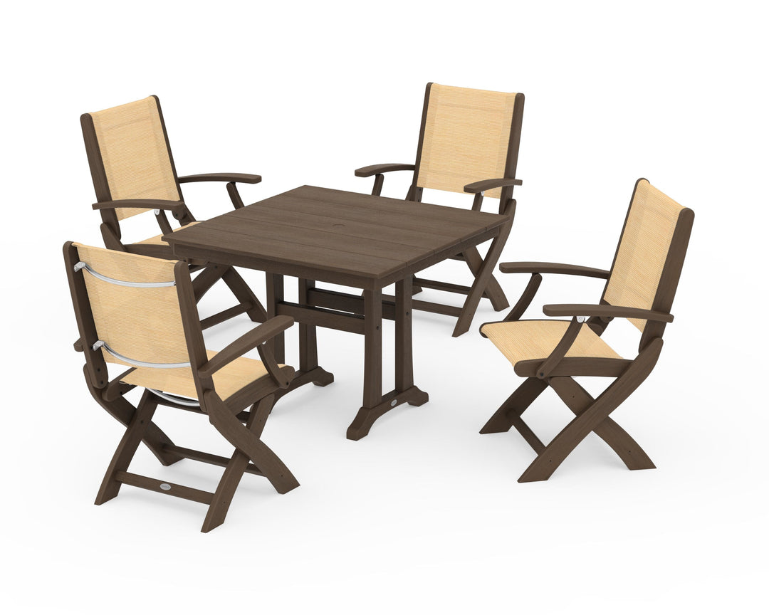 POLYWOOD® Coastal Folding Chair 5-Piece Farmhouse Dining Set With Trestle Legs