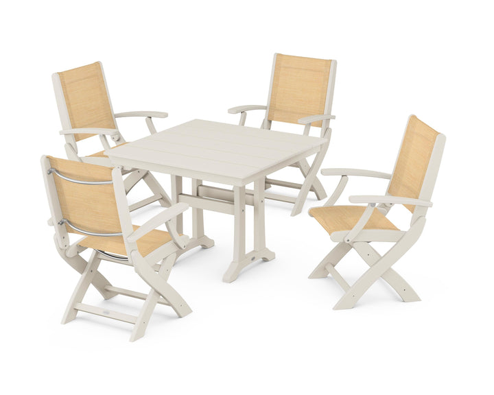 POLYWOOD® Coastal Folding Chair 5-Piece Farmhouse Dining Set With Trestle Legs
