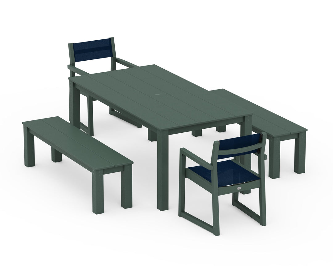 POLYWOOD® EDGE Sling Arm Chair 5-Piece Parsons Dining Set with Benches