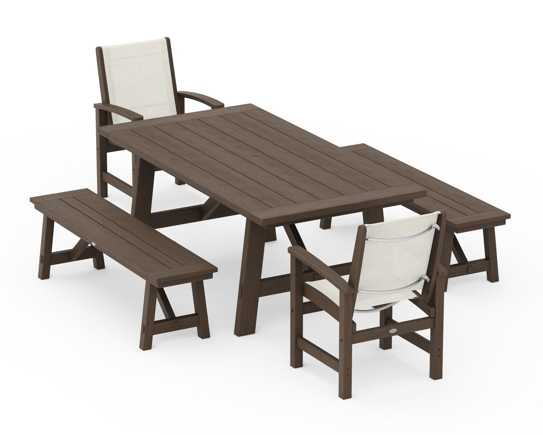 POLYWOOD® Coastal 5-Piece Rustic Farmhouse Dining Set With Benches