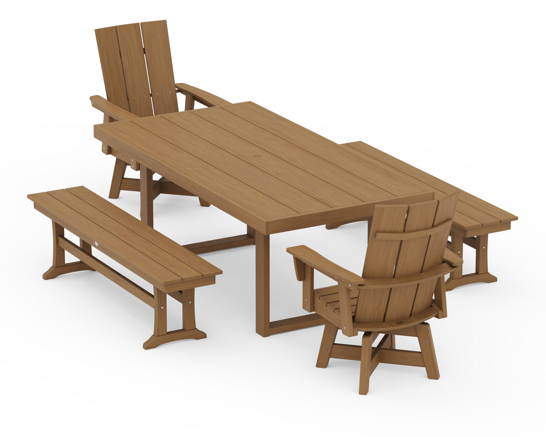 POLYWOOD® Modern Adirondack Swivel Chair 5-Piece Dining Set with Benches