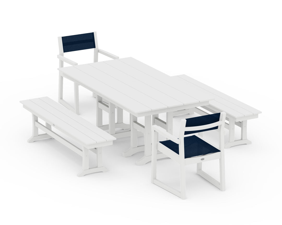 POLYWOOD® EDGE Sling Arm Chair 5-Piece Farmhouse Dining Set with Benches