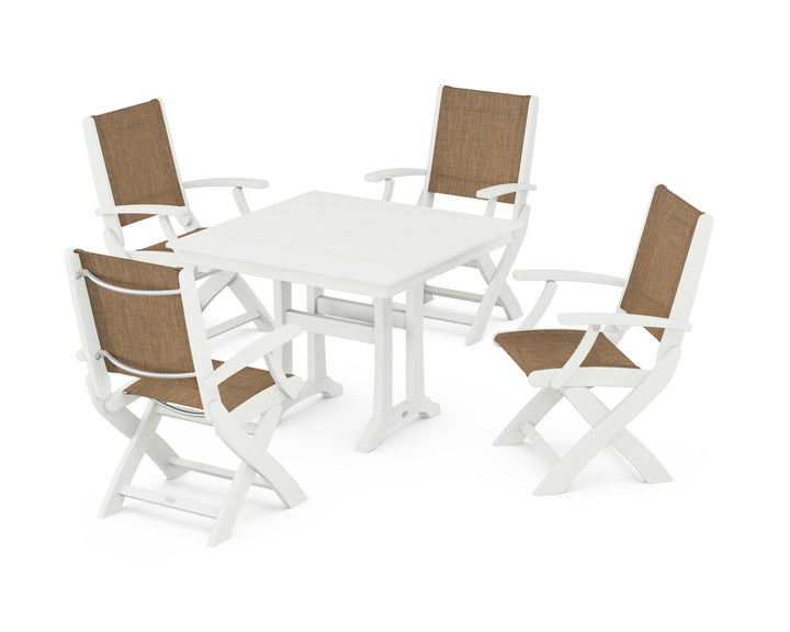 POLYWOOD® Coastal Folding Chair 5-Piece Farmhouse Dining Set With Trestle Legs
