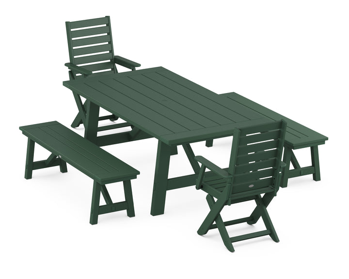 POLYWOOD® Captain Folding Chair 5-Piece Rustic Farmhouse Dining Set With Benches