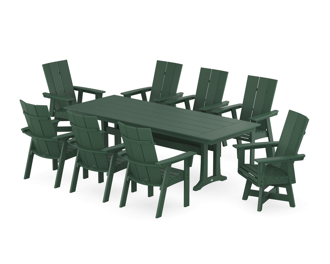 POLYWOOD® Modern Curveback Adirondack Swivel 9-Piece Farmhouse Dining Set with Trestle Legs