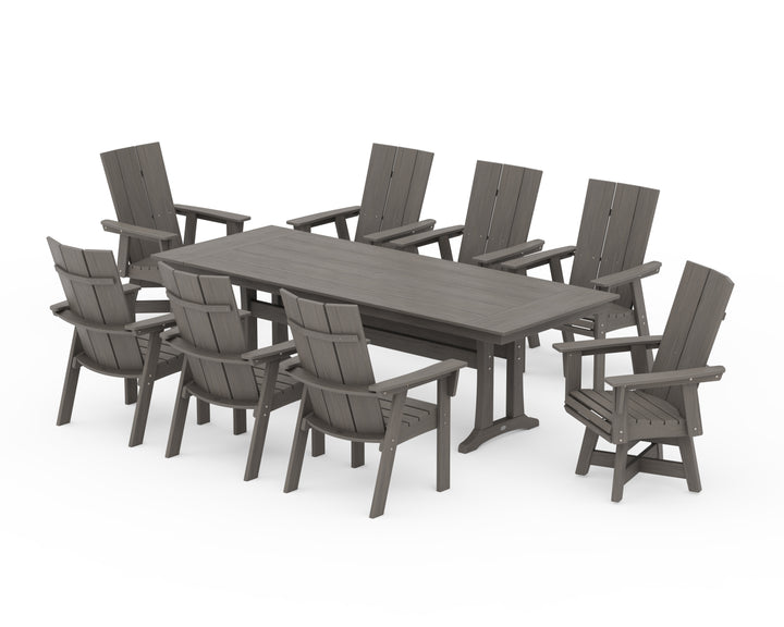 POLYWOOD® Modern Curveback Adirondack Swivel 9-Piece Farmhouse Dining Set with Trestle Legs