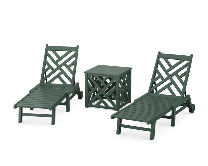 POLYWOOD® Chippendale 3-Piece Chaise Set with Wheels and Umbrella Stand Accent Table