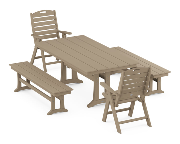 POLYWOOD® Nautical Folding Highback Chair 5-Piece Farmhouse Dining Set With Trestle Legs and Benches