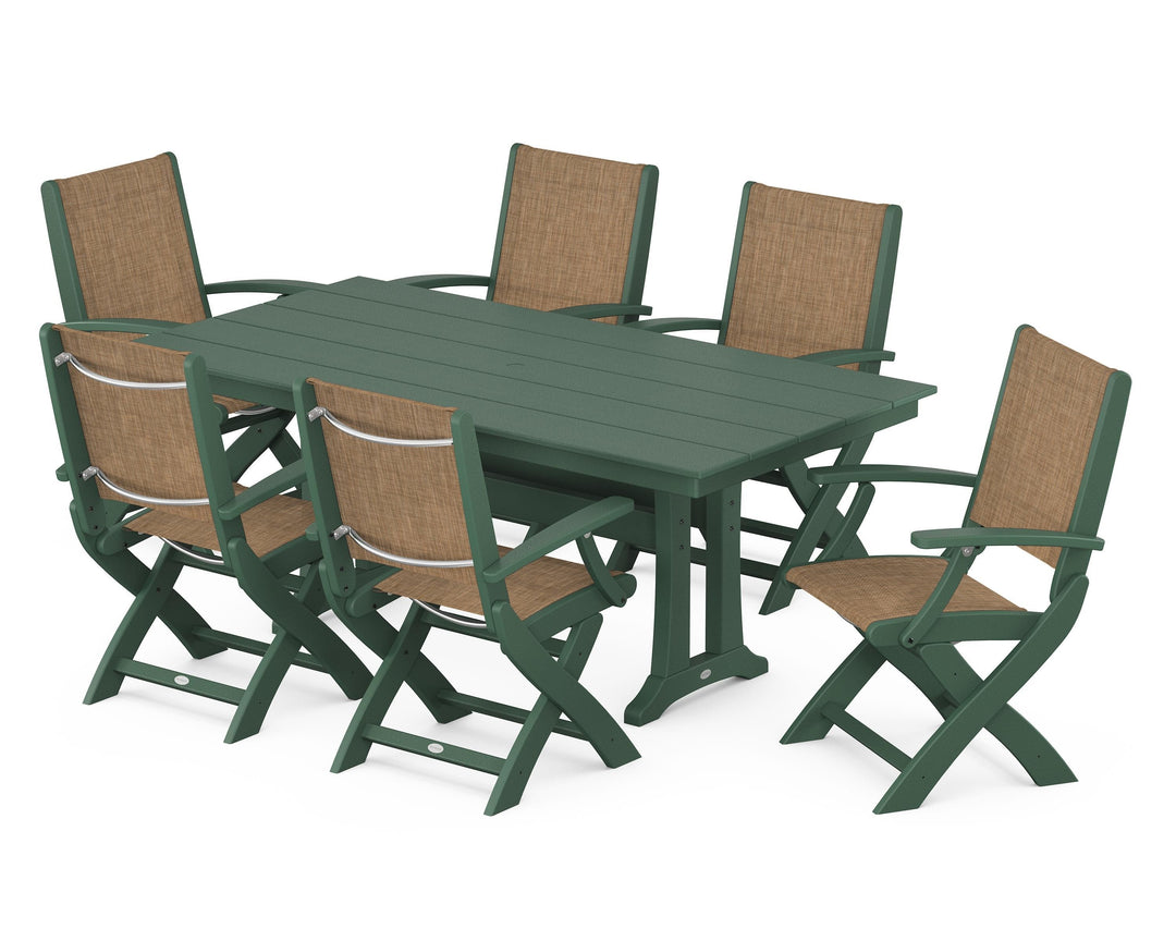 POLYWOOD® Coastal Folding Arm Chair 7-Piece Farmhouse Dining Set with Trestle Legs