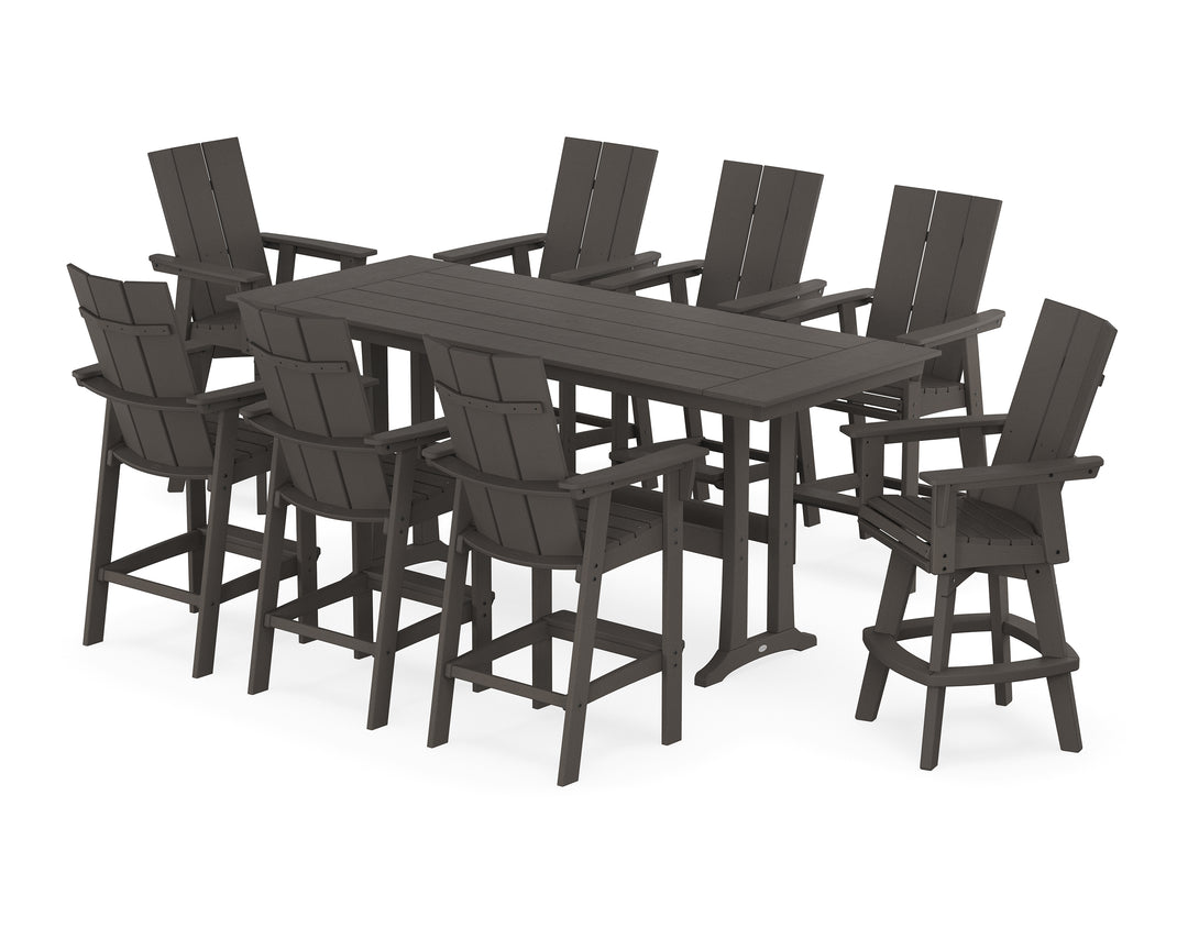 POLYWOOD® Modern Curveback Adirondack Swivel 9-Piece Farmhouse Bar Set with Trestle Legs