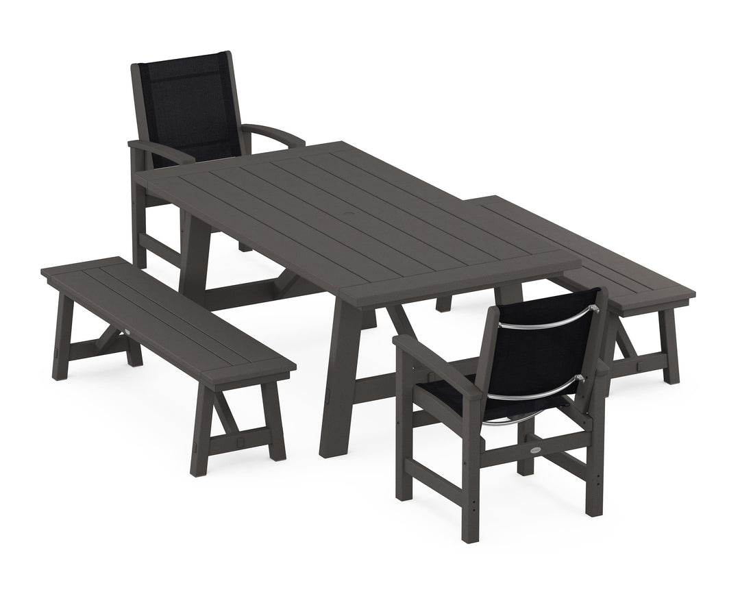POLYWOOD® Coastal 5-Piece Rustic Farmhouse Dining Set With Benches