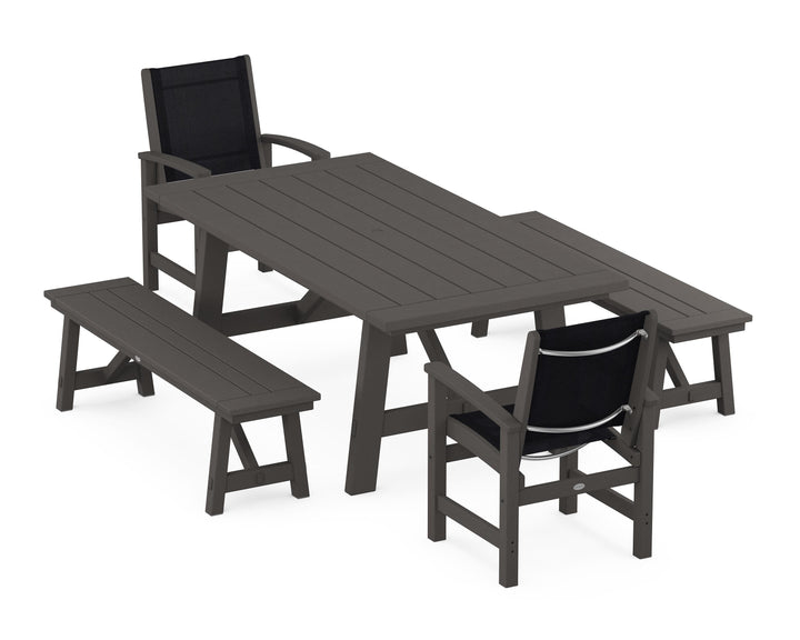 POLYWOOD® Coastal 5-Piece Rustic Farmhouse Dining Set With Benches