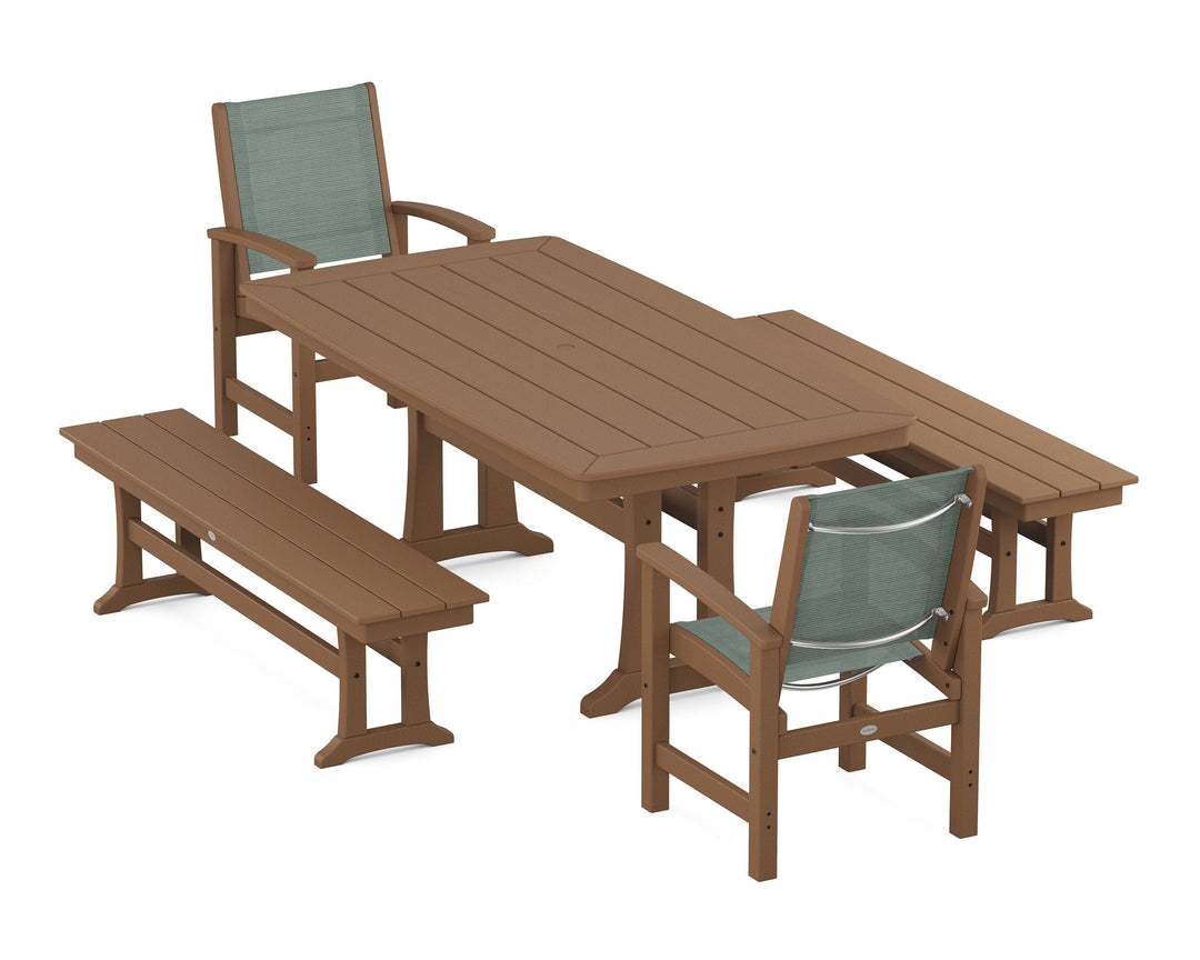 POLYWOOD® Coastal 5-Piece Dining Set with Trestle Legs and Benches