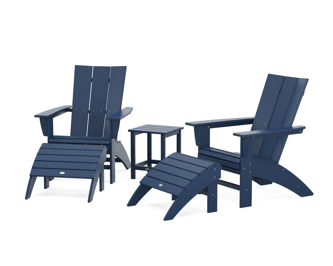 POLYWOOD® Modern Curveback Adirondack Chair 5-Piece Set with Ottomans and 18" Side Table
