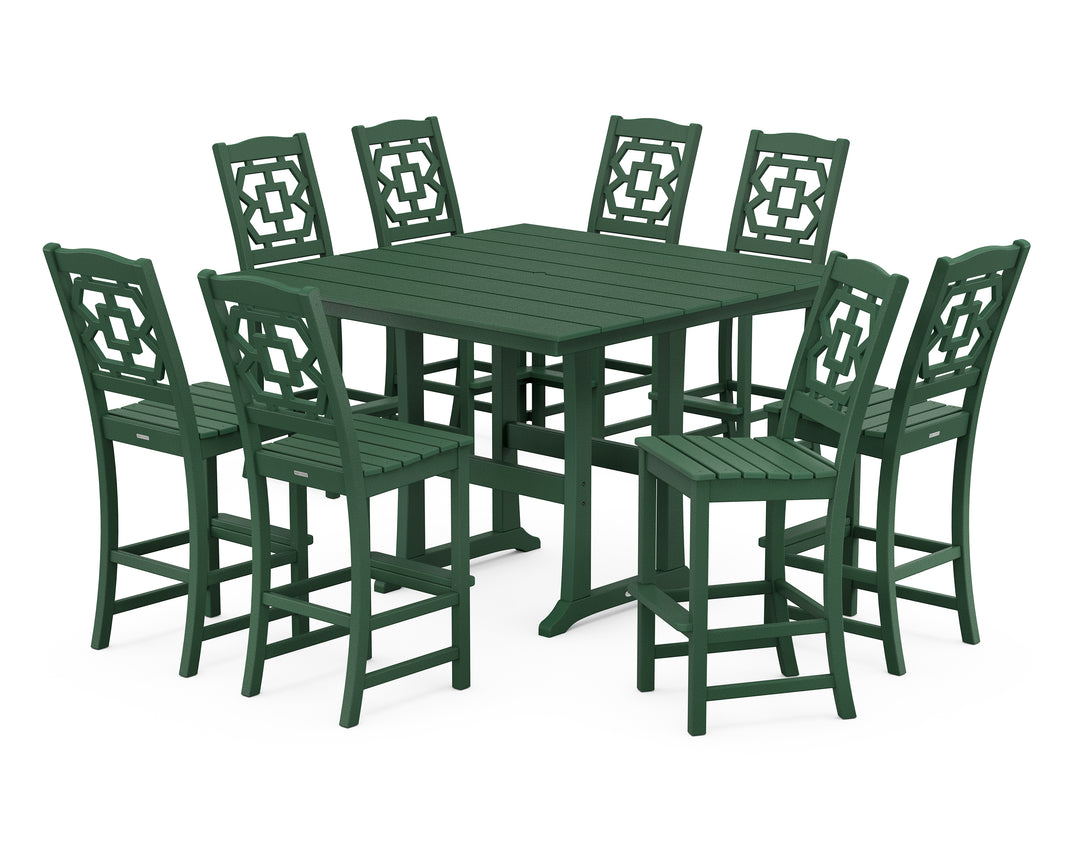 Martha Stewart by POLYWOOD® Chinoiserie 9-Piece Square Farmhouse Side Chair Bar Set with Trestle Legs