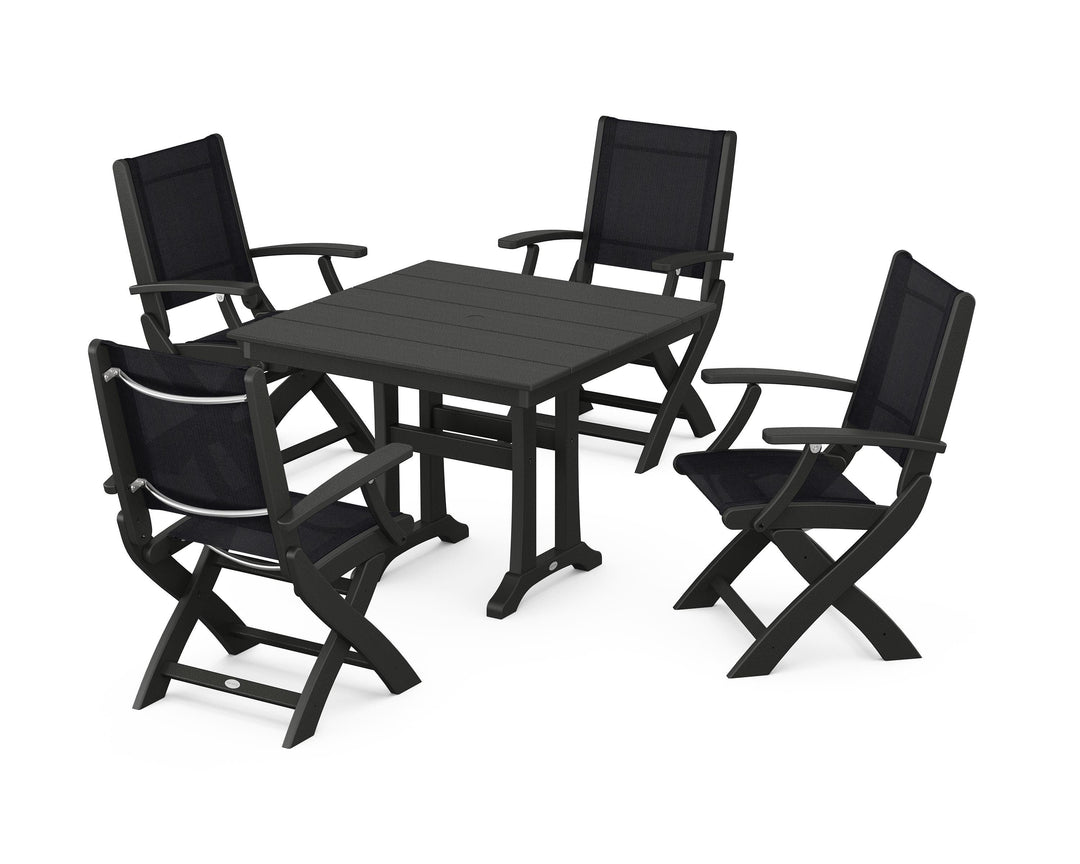 POLYWOOD® Coastal Folding Chair 5-Piece Farmhouse Dining Set With Trestle Legs