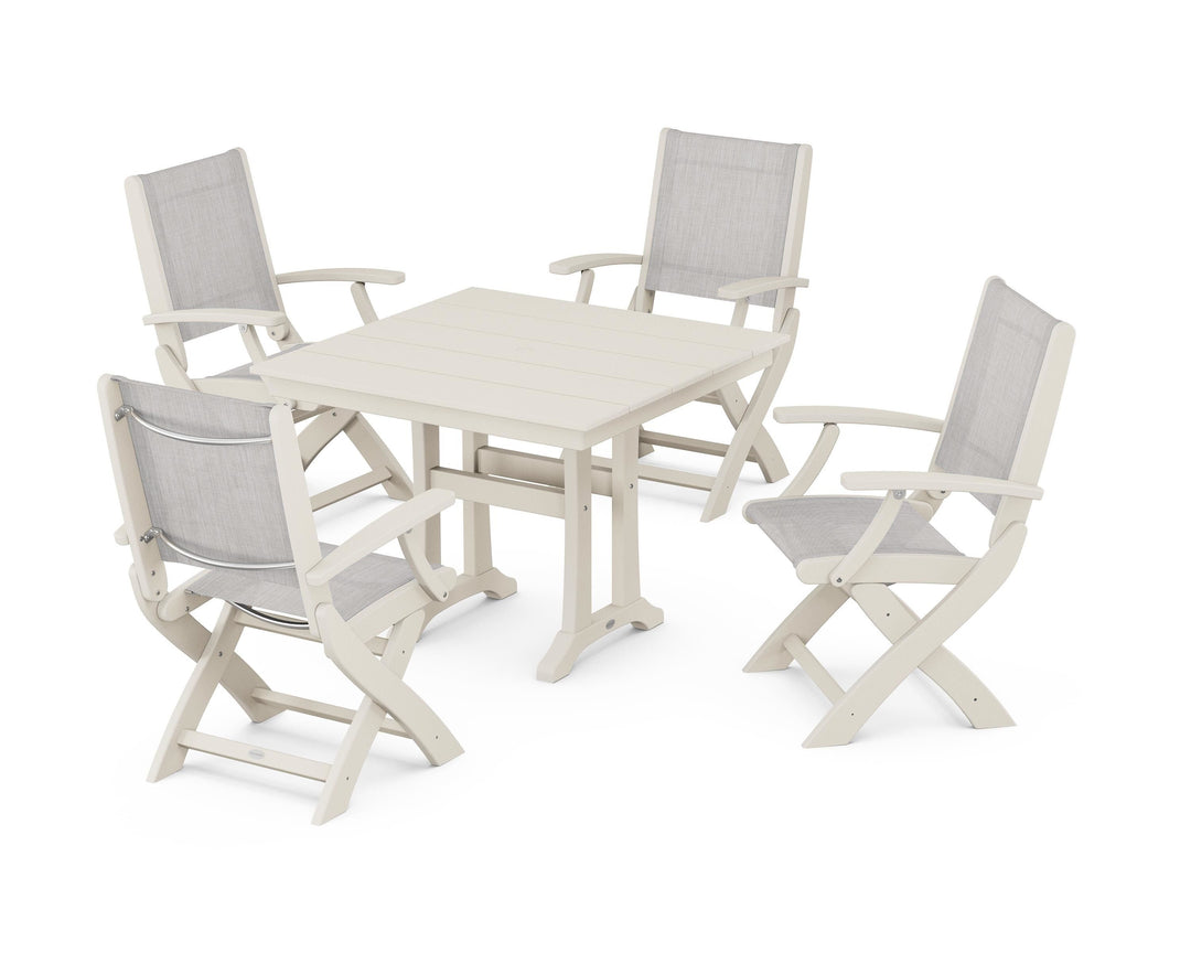 POLYWOOD® Coastal Folding Chair 5-Piece Farmhouse Dining Set With Trestle Legs