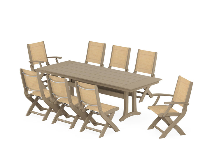 POLYWOOD® Coastal 9-Piece Folding Dining Chair Farmhouse Dining Set with Trestle Legs