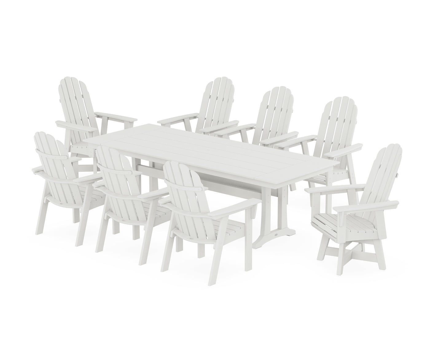 Vineyard 9-Piece Curveback Adirondack Swivel Farmhouse Dining Set with Trestle Legs