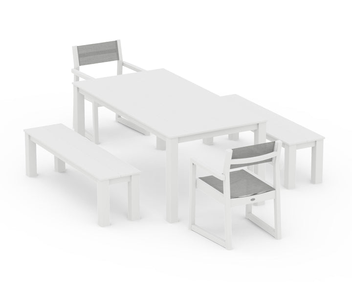 POLYWOOD® EDGE Sling Arm Chair 5-Piece Parsons Dining Set with Benches