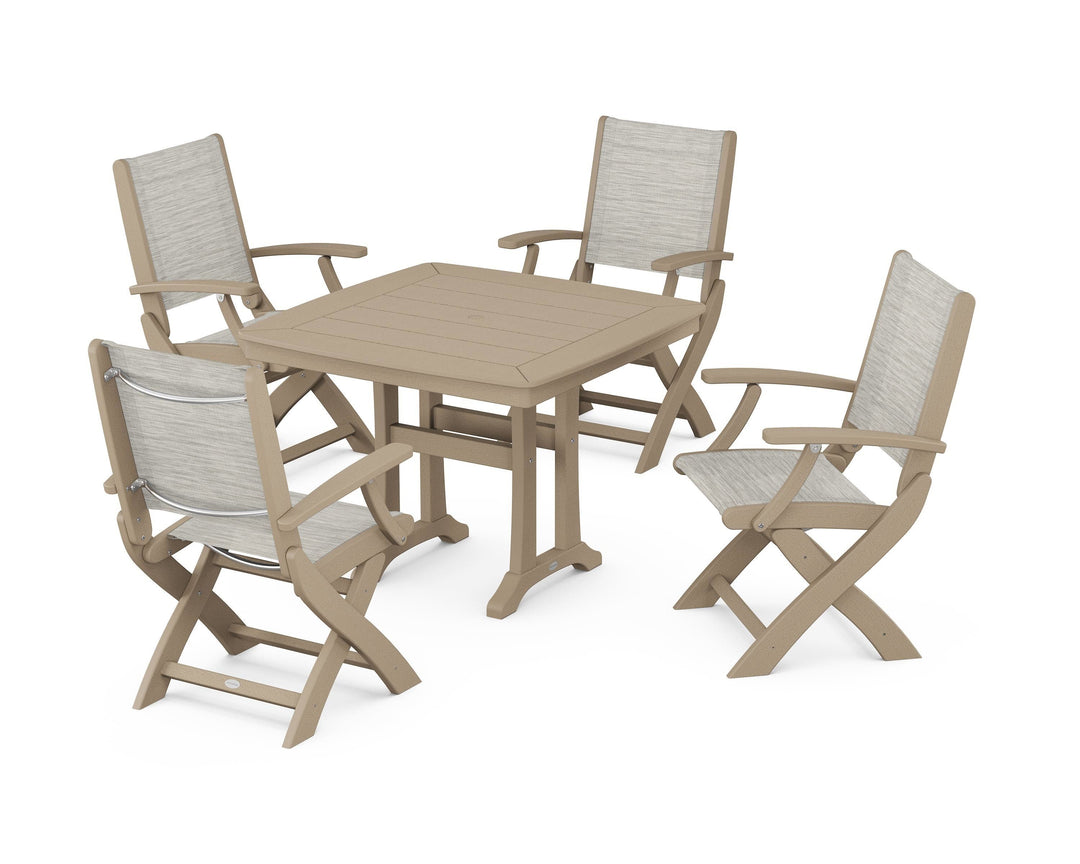 POLYWOOD® Coastal Folding Chair 5-Piece Dining Set with Trestle Legs