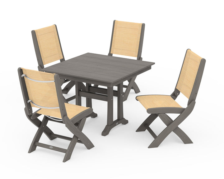 POLYWOOD® Coastal Folding Side Chair 5-Piece Farmhouse Dining Set With Trestle Legs