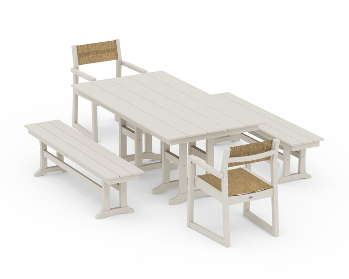 POLYWOOD® EDGE Sling Arm Chair 5-Piece Farmhouse Dining Set with Benches