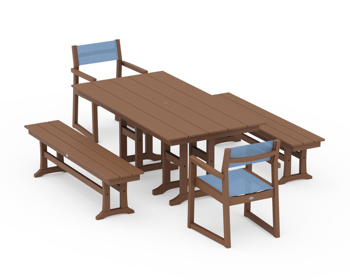 POLYWOOD® EDGE Sling Arm Chair 5-Piece Farmhouse Dining Set with Benches