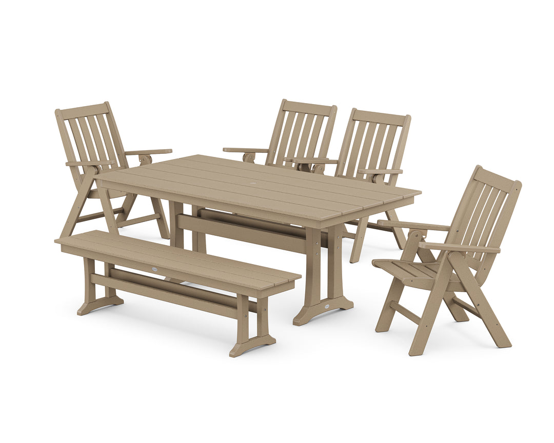 POLYWOOD® Vineyard 6-Piece Folding Chair Farmhouse Dining Set with Trestle Legs and Bench