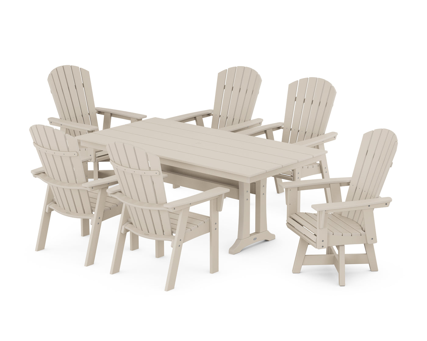 Nautical Curveback Adirondack Swivel Chair 7-Piece Farmhouse Dining Set With Trestle Legs