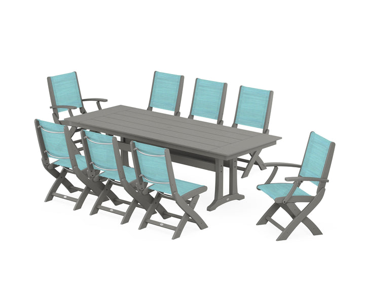 POLYWOOD® Coastal 9-Piece Folding Dining Chair Farmhouse Dining Set with Trestle Legs