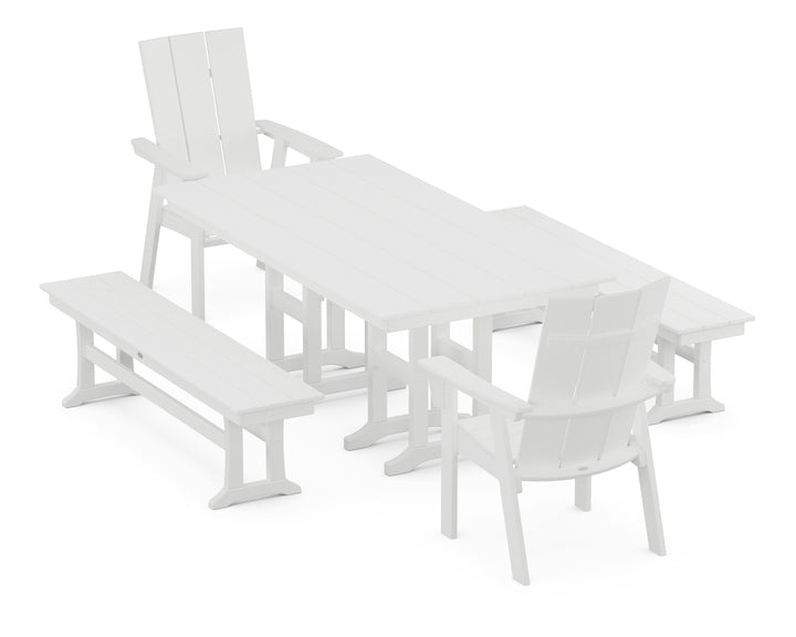POLYWOOD® Modern Curveback Adirondack 5-Piece Farmhouse Dining Set with Benches