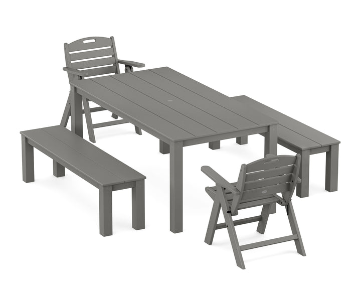 POLYWOOD® Nautical Folding Lowback Chair 5-Piece Parsons Dining Set with Benches