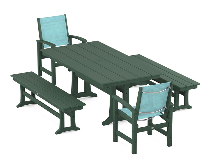 POLYWOOD® Coastal 5-Piece Farmhouse Dining Set with Trestle Legs and Benches