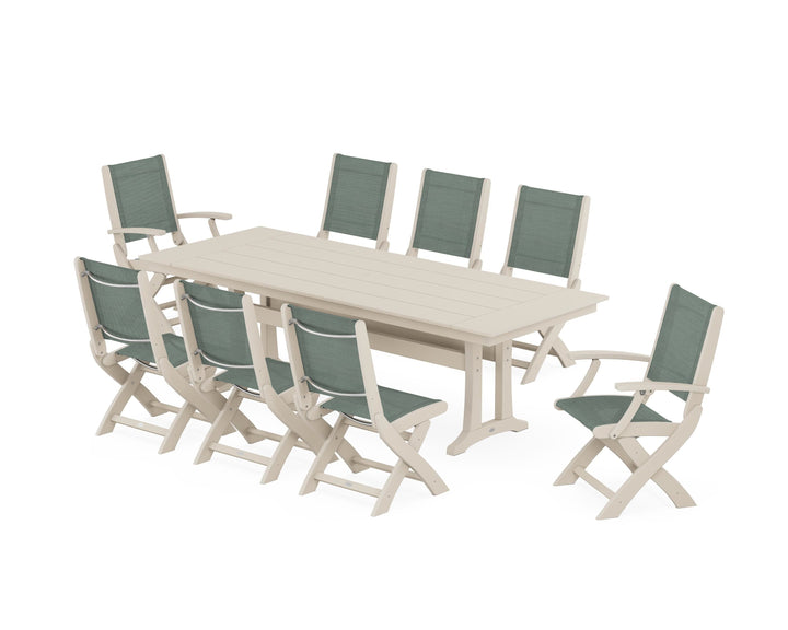 POLYWOOD® Coastal 9-Piece Folding Dining Chair Farmhouse Dining Set with Trestle Legs