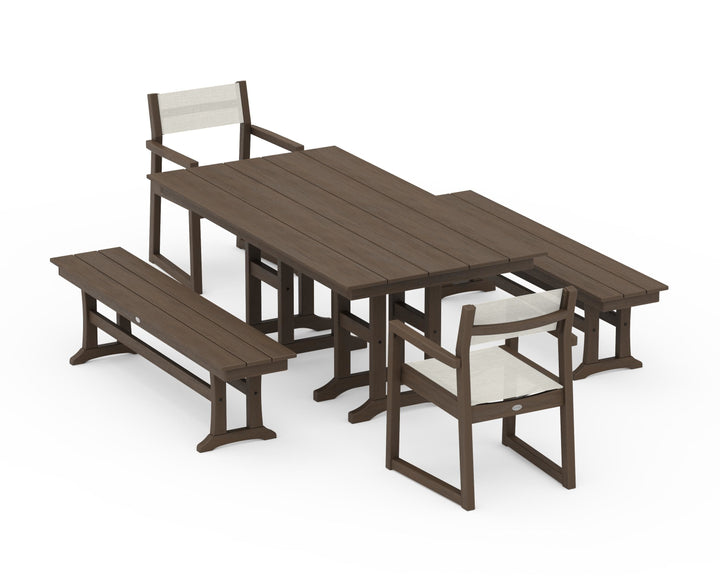 POLYWOOD® EDGE Sling Arm Chair 5-Piece Farmhouse Dining Set with Benches