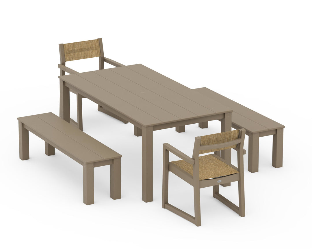 POLYWOOD® EDGE Sling Arm Chair 5-Piece Parsons Dining Set with Benches