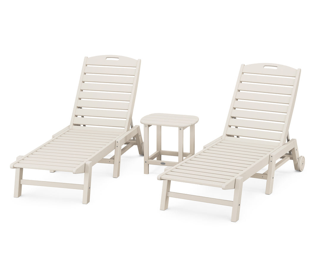 POLYWOOD® Nautical 3-Piece Chaise Lounge with Wheels Set with South Beach 18" Side Table