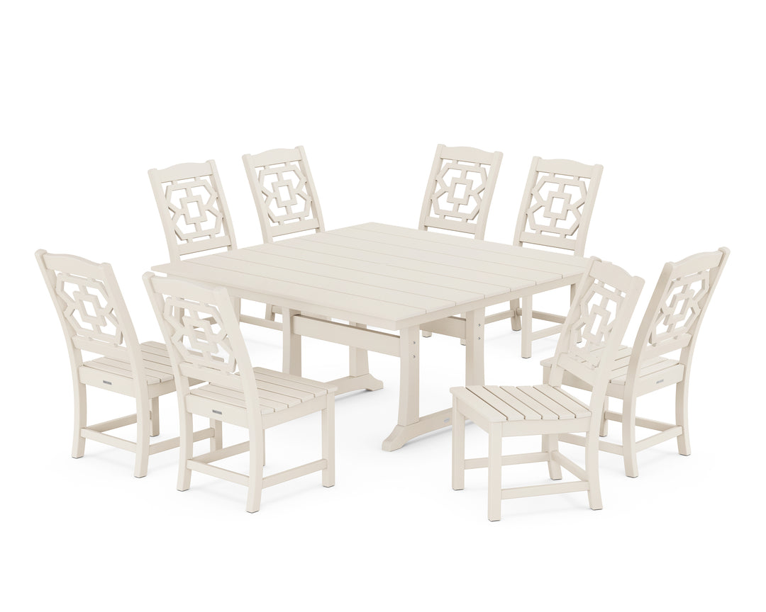 Martha Stewart by POLYWOOD® Chinoiserie 9-Piece Square Farmhouse Side Chair Dining Set with Trestle Legs