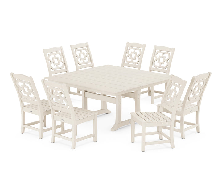 Martha Stewart by POLYWOOD® Chinoiserie 9-Piece Square Farmhouse Side Chair Dining Set with Trestle Legs