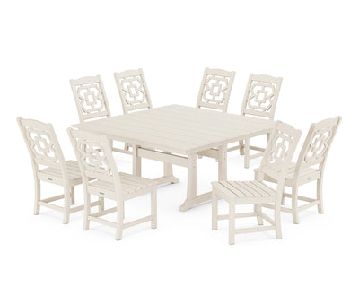 Chinoiserie 9-Piece Square Farmhouse Side Chair Dining Set with Trestle Legs