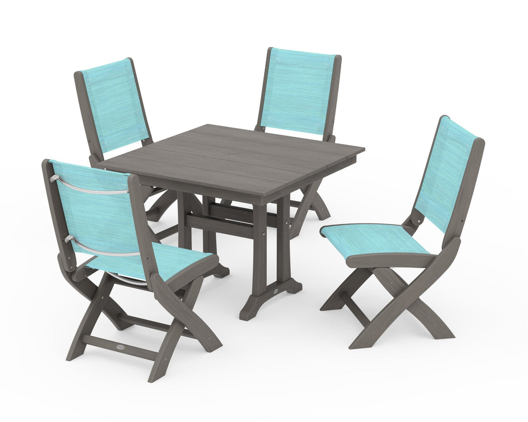 POLYWOOD® Coastal Folding Side Chair 5-Piece Farmhouse Dining Set With Trestle Legs