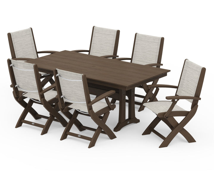 POLYWOOD® Coastal Folding Arm Chair 7-Piece Farmhouse Dining Set with Trestle Legs
