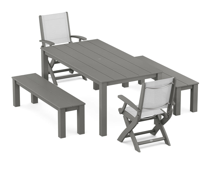POLYWOOD® Coastal Folding Chair 5-Piece Parsons Dining Set with Benches
