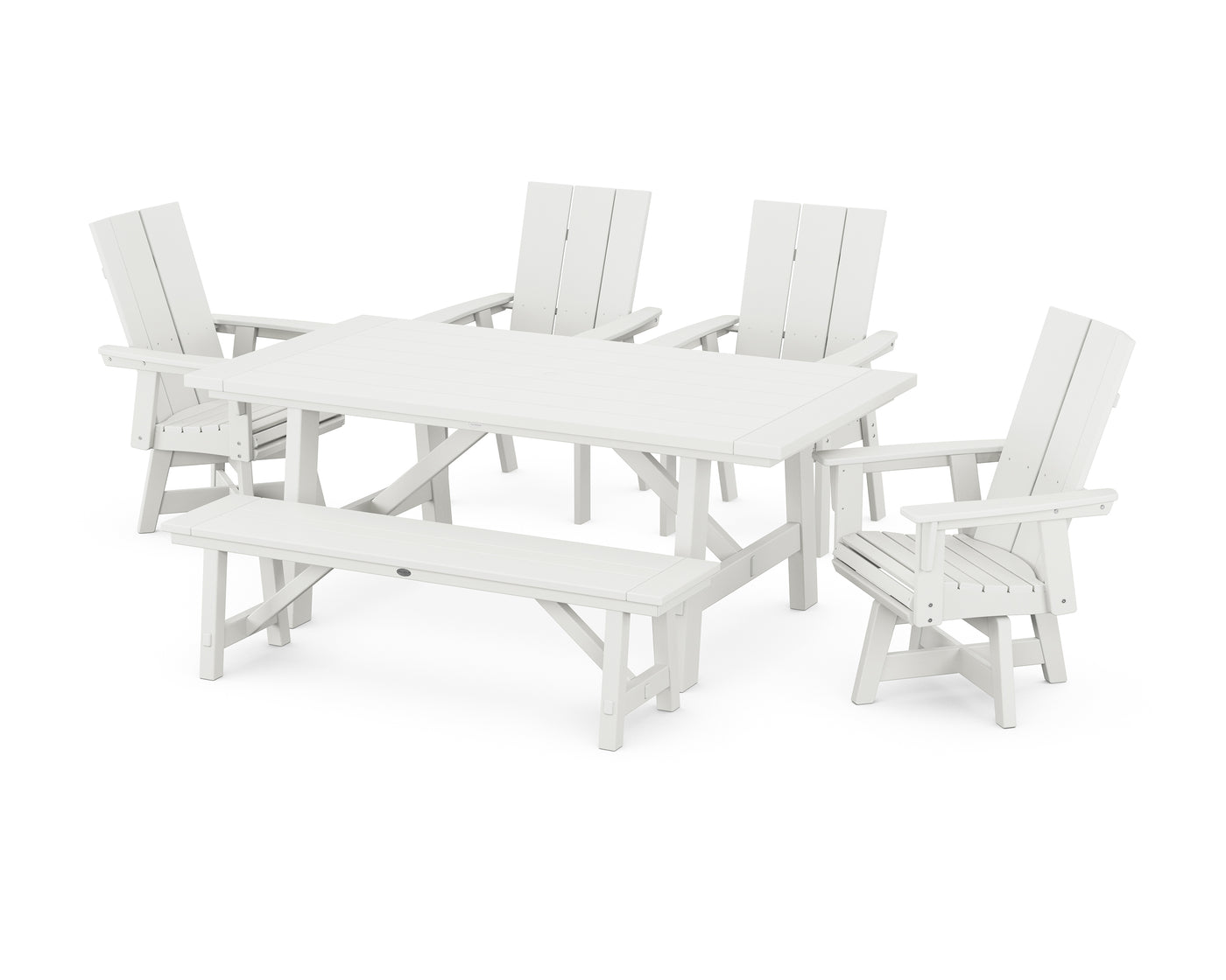 Modern Curveback Adirondack Swivel Chair 6-Piece Rustic Farmhouse Dining Set with Bench