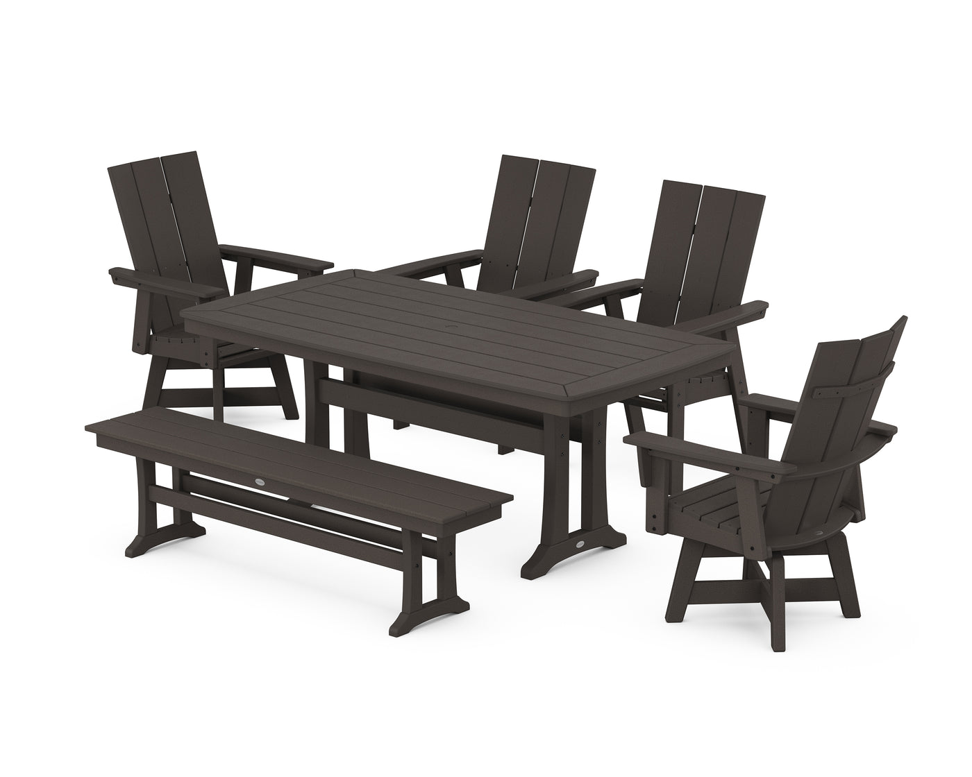 Modern Curveback Adirondack Swivel Chair 6-Piece Dining Set with Trestle Legs and Bench