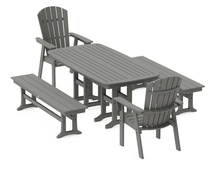 POLYWOOD® Nautical Curveback Adirondack 5-Piece Dining Set with Benches